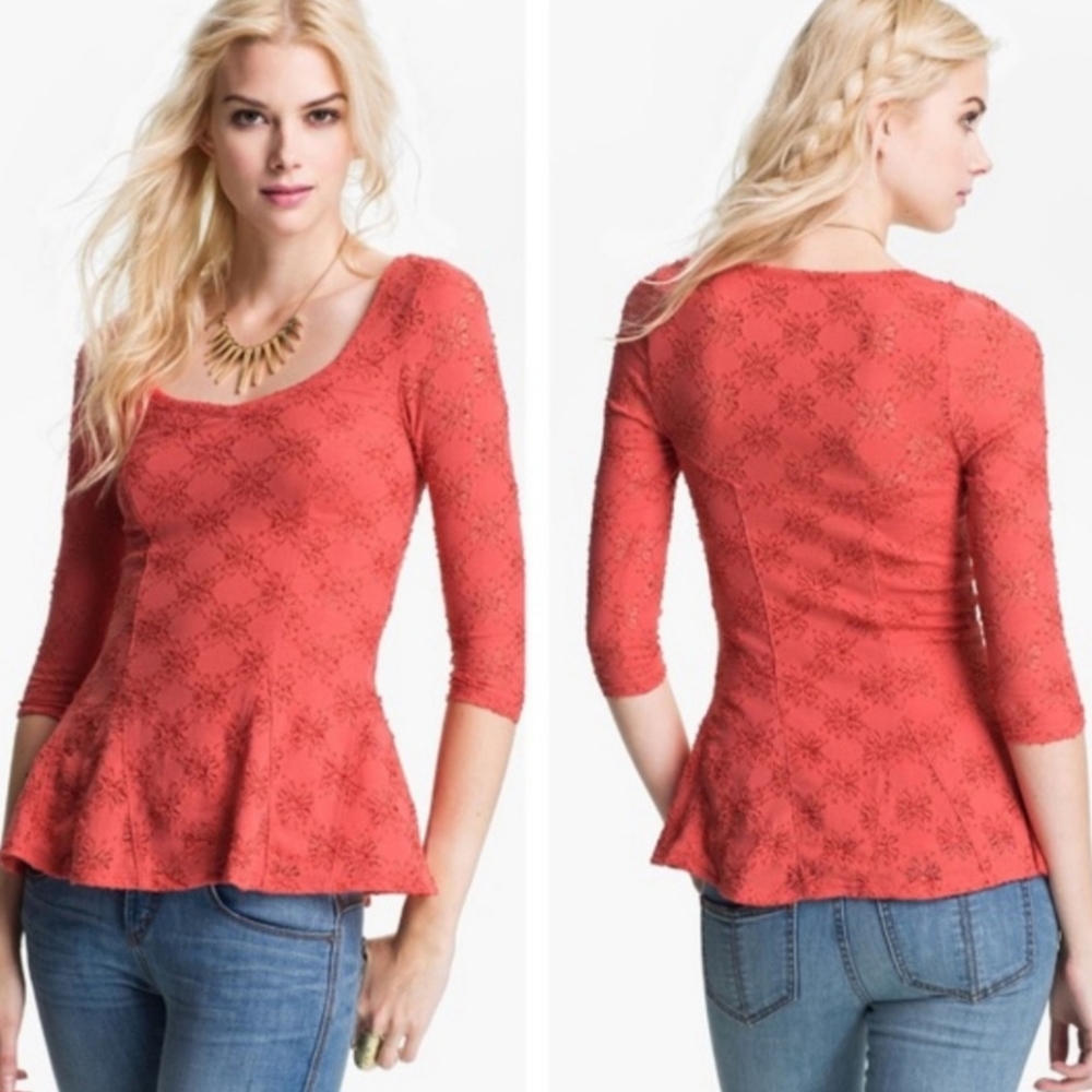 Free People Women's Lace Peplum Daisy Pointelle Persimmon Unlined Top Size Small